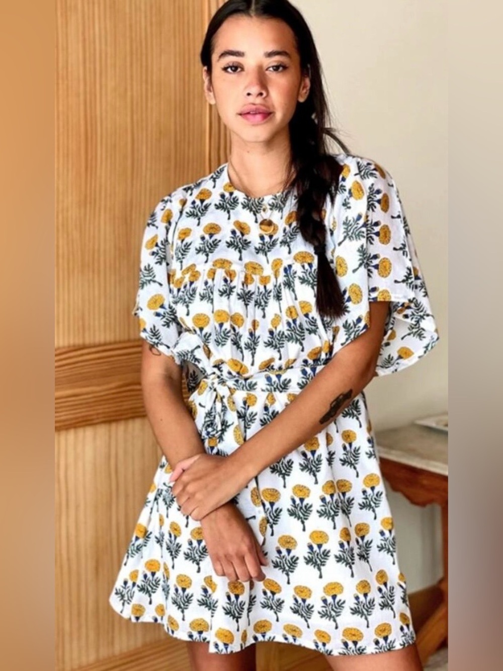 Emerson Fry India Collection Marigold Print Short Sleeve Dress XS